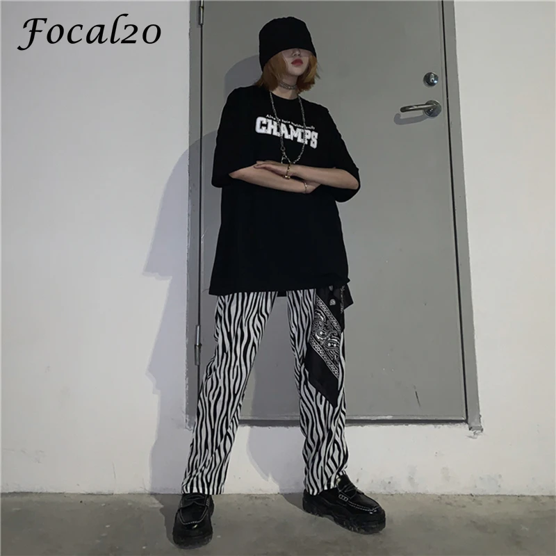 Женские прямые брюки Focal20 Harajuku с принтом зебры свободные черные и белые высокой