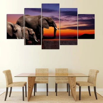

Canvas Wall Art 5 Pieces Huge Elephant Sunset Land Paintings Framed