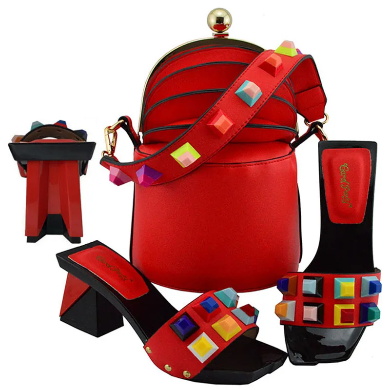 

MD011 New Fashion Woman RED Shoes And Matching Bag Set For Wedding Party Italian Style High Heels Shoes And Bag Set