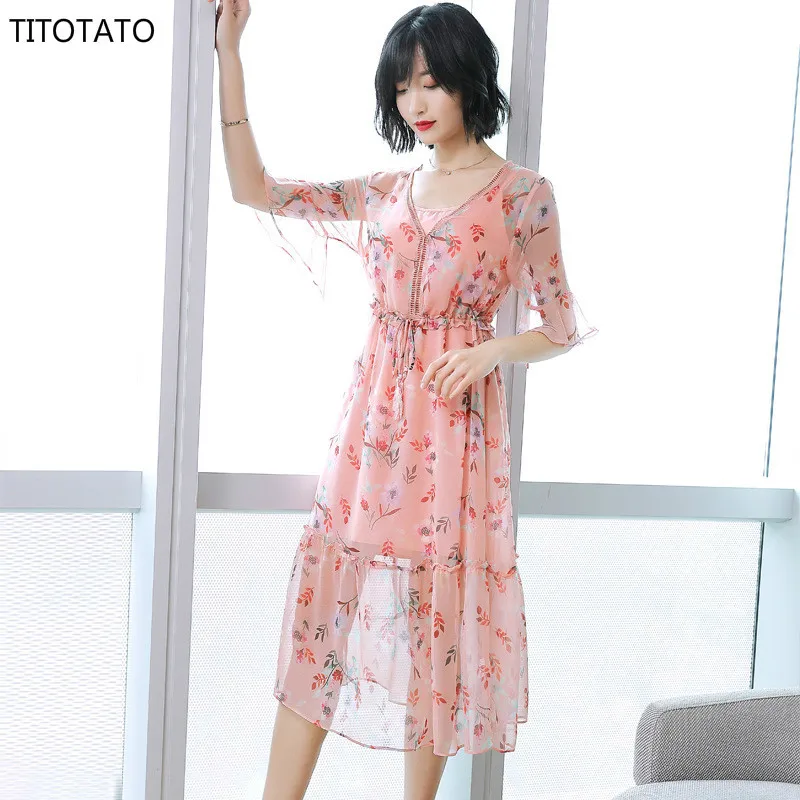 

Titotato Summer 2019 Vestidos Women Dress V-Neck Pink Mulberry Silk Dress Flare Sleeve Print High Waisted Two 2 Piece Long Dress