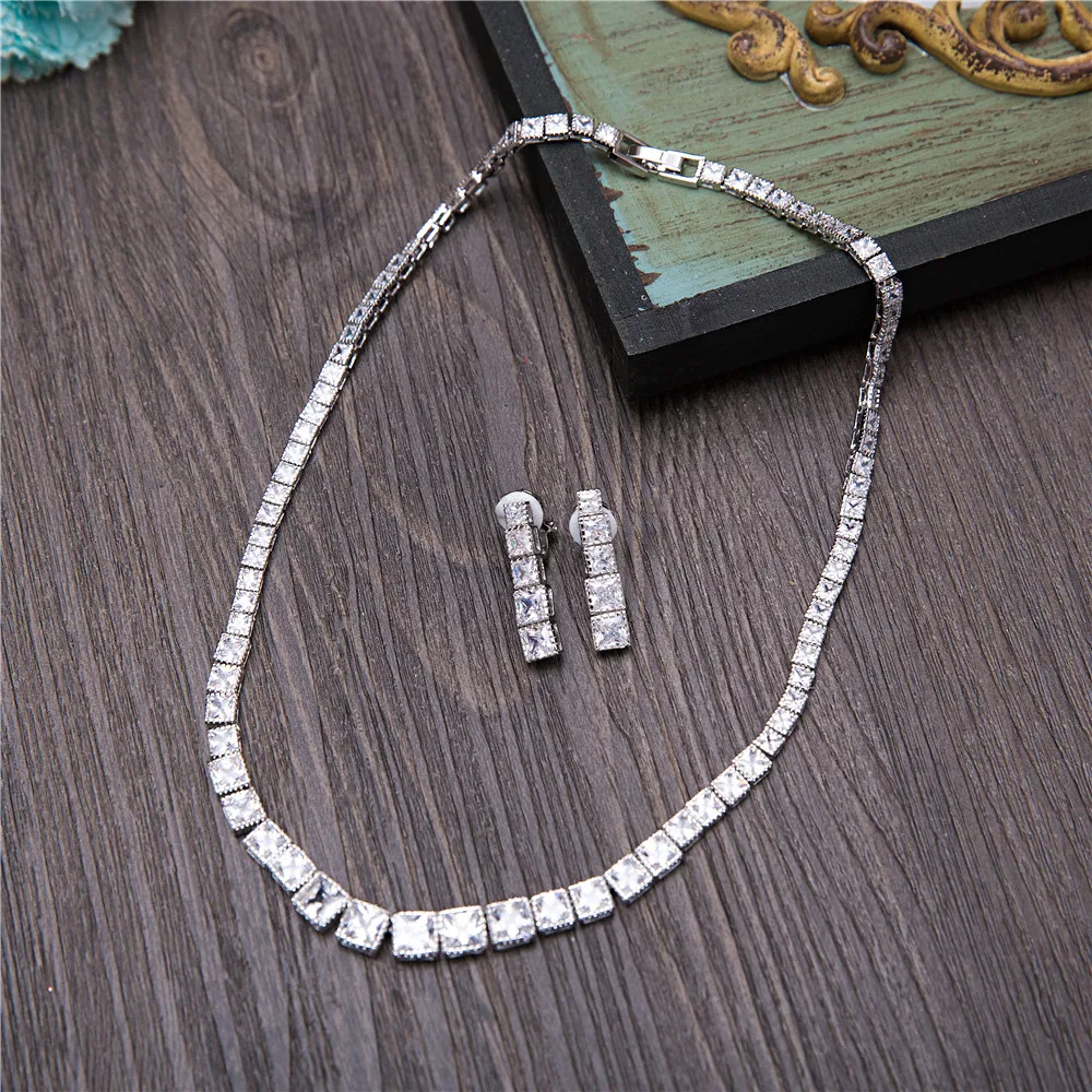 

Luxury Square Cubic Zirconia Choker Necklace Women Evening Party Zircon Drop Earrings Jewelry Set Wedding Bridal Parure New Gift