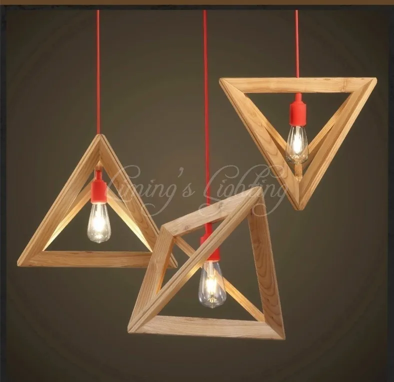 Nordic Triangle Chandelier Art Cafe Wood Wooden E27 Pendant Ceiling Hanging Lighting Fixture Restaurant Bar Coffee Shop Dining afbeelding