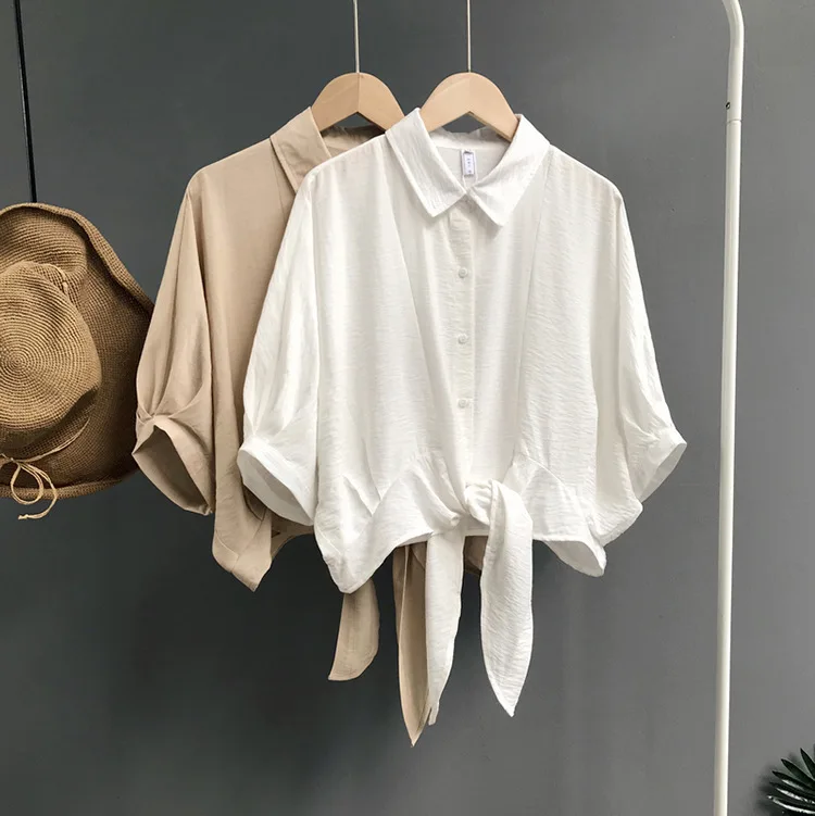 

Mooirue Spring 2019 Female Streetwear Crop Shirt Tops Bat Sleeve Bow Turn-down Collar Blouse Feminina Cardigan