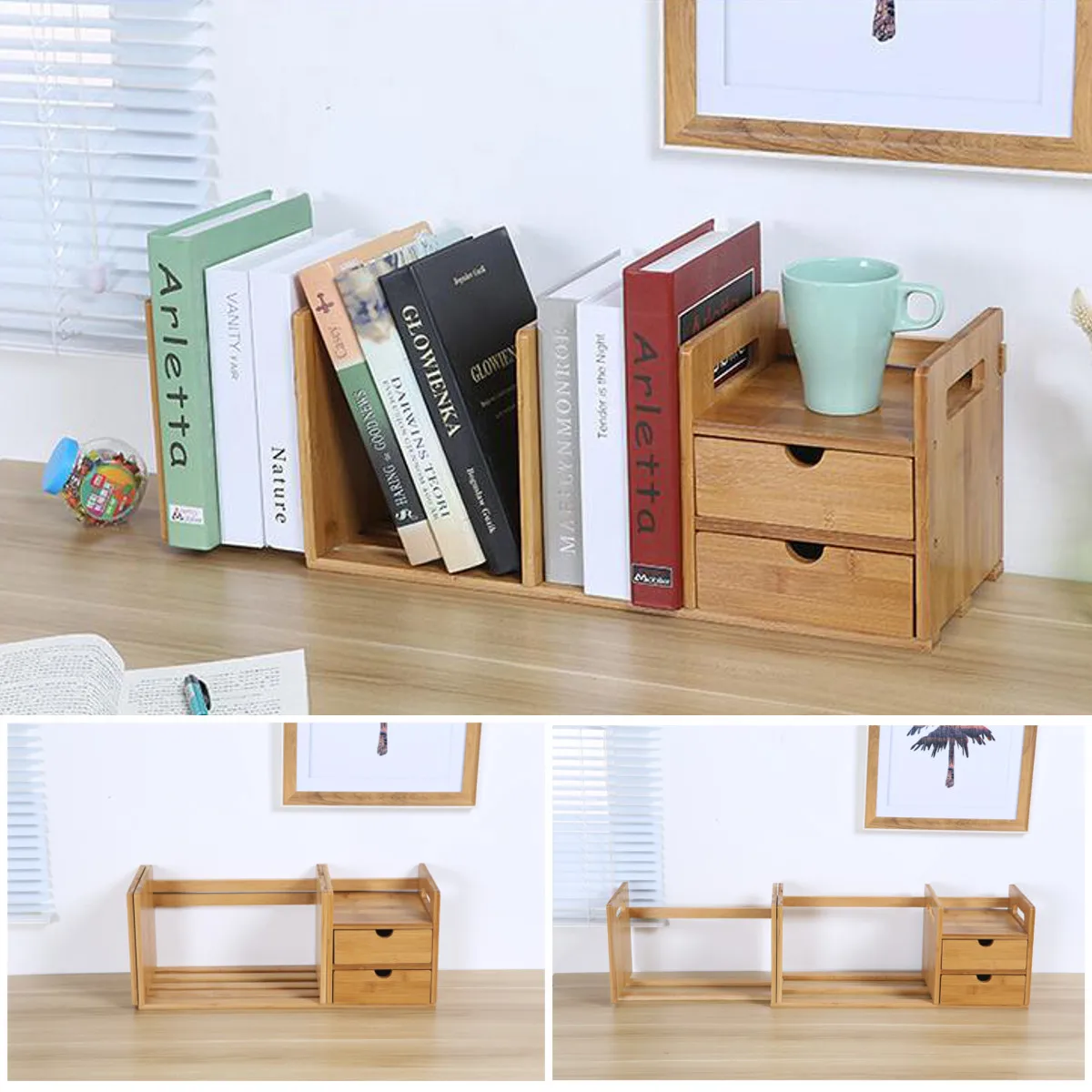 

Office Desktop BookCases Bamboo Extendable Storage With 2 Drawers Storage Shelf Desktop Bookshelf Desk Organizer Finishing Rack