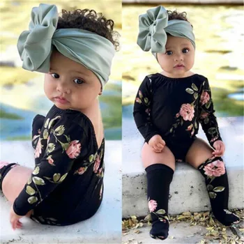 

2019 New Lovely Dew-back Round Collar Infant Baby Girls Floral Summer Outfits Long Sleeve Bodysuit Jumpsuit Stockings