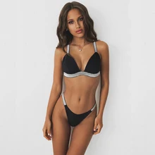 Летние бикини, Женский пуш-ап бюстгальтер с мягкими чашечками, бандажный бикини, набор, черный, белый, с блестками, на бретелях, купальник, треугольный купальник, женский купальник