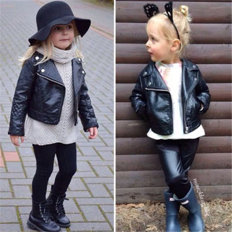 

2019 New Kids Girl Fashion Motorcycle PU Leather Jacket Biker Overcoat Toddler Coat Spring Baby Black Long Sleeve Zipper Coat