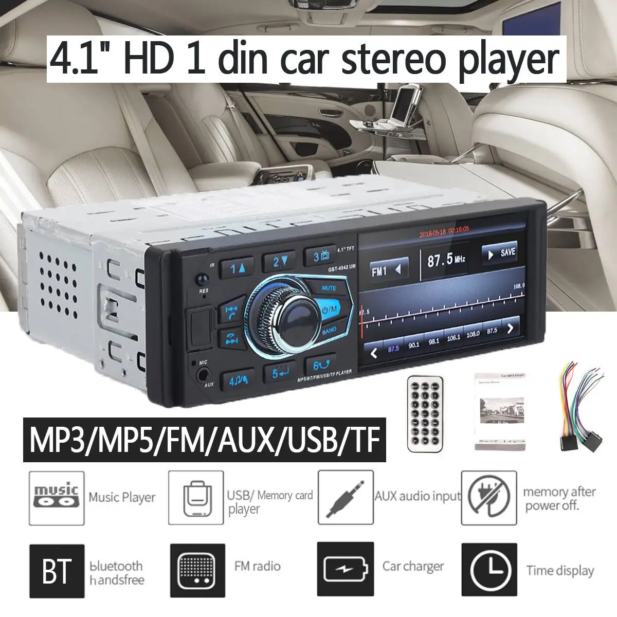 

DC12V 4.1" HD 1DIN Car Stereo MP3 MP5 Video Player bluetooth FM Radio AUX USB TF Support Rear Camera Max External Storage 32GB
