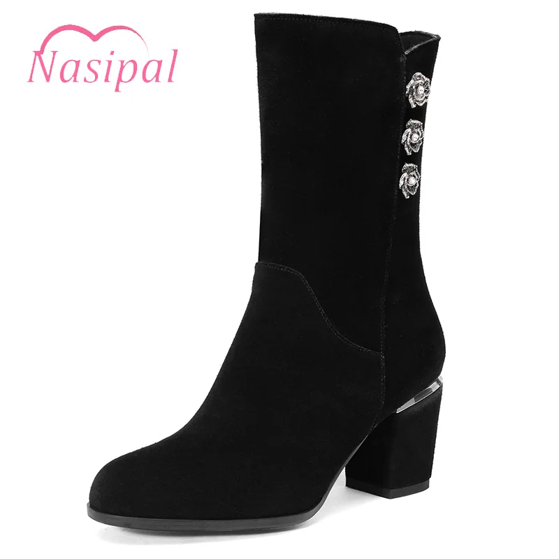 

Nasipal Floral Rivets Studded Fashion Solid Black Mid Calf Bota Mujer For Women High Heels Round Genuine Leather Motorcycle Boot