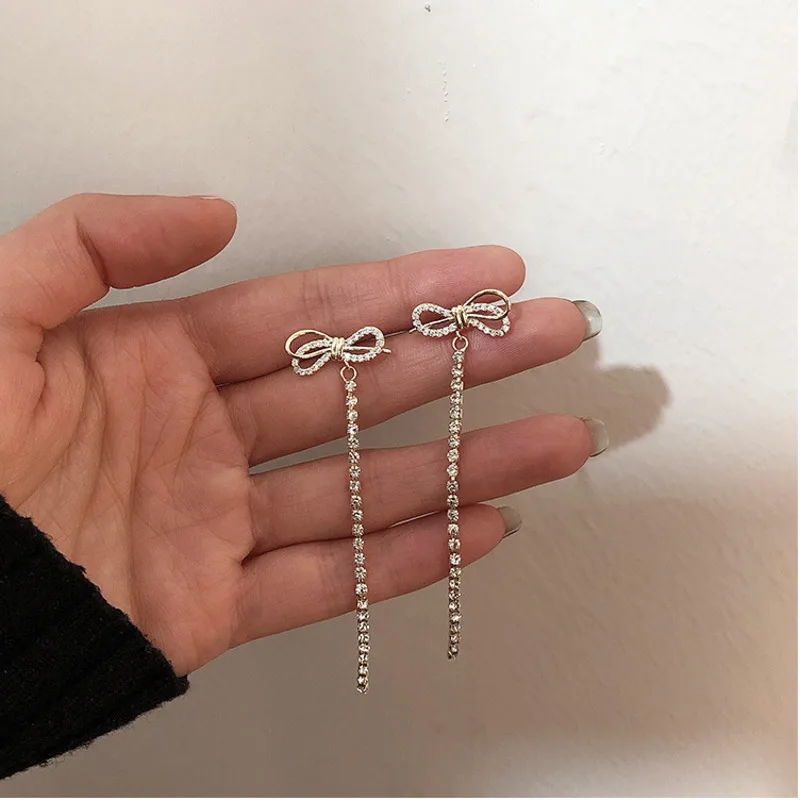 

2019 Korea Bow Crystal Earrings CZ Tassel Golden Long Dangle Earrings Fashion For Women Earrings Geometric Wedding Jewelry