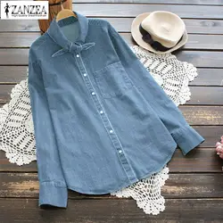 ZANZEA 2019 для женщин блузка повседневное Денин синий рубашки для мальчиков с длинным рукавом лацканами дамы Blusas лук рубашки мальч