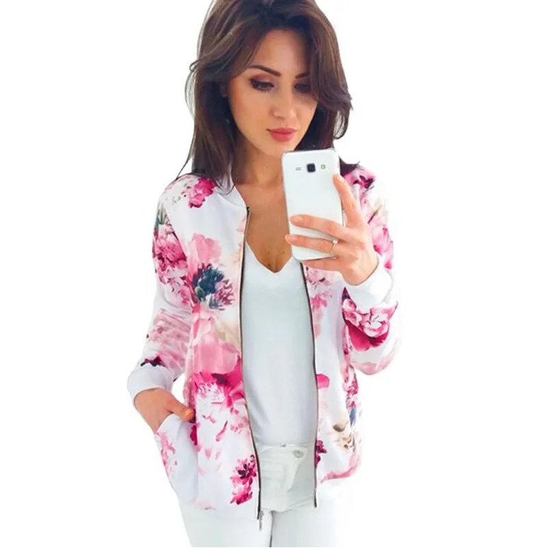 Women Jacket Fashion Ladies Retro Floral Zipper Up Bomber Jacket Casual Coat Autumn Spring Print Outwear Women Clothes feminino 