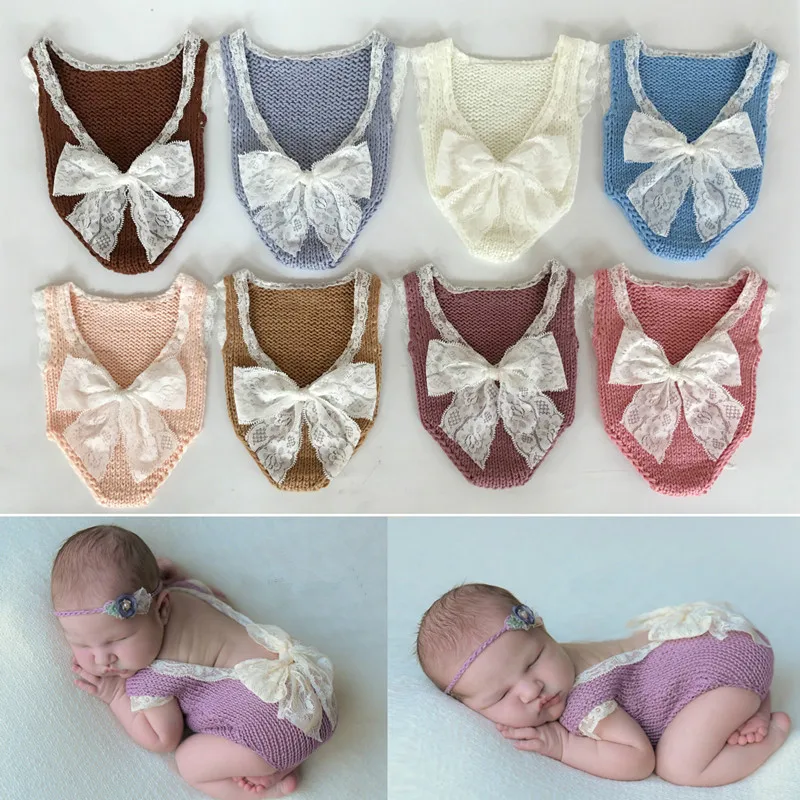 

Newborn Baby Photography Props Lace Bow Baby Girl Knit Romper Infant Photography Clothes Baby Photo Props Accessories Fotografie