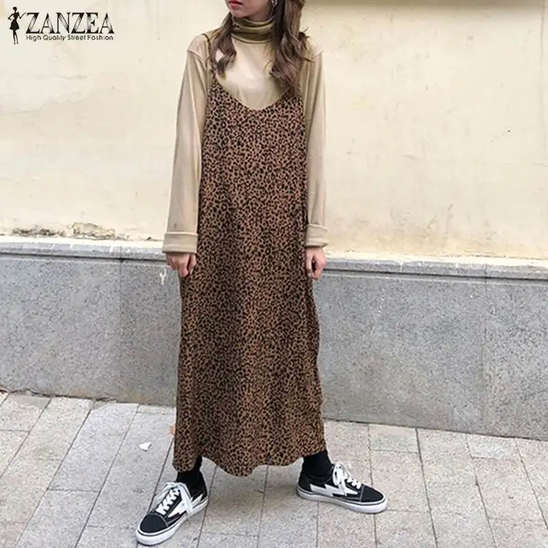 

2019 Plus Size ZANZEA Summer Women Casual Sleeveless Leopard Printed Beach Party Loose Dresses Long Maxi Dress Vestido Femme