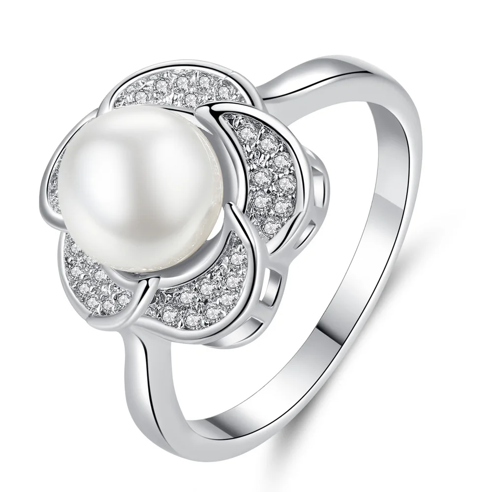 

Silikolove Silver Color Petal Finger Rings with Pearl Simple Creative Flower-studded Pearl Ring Anniversary Romantic Jewelry