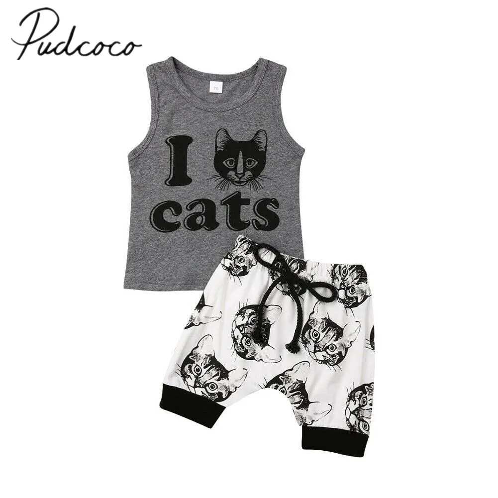 

2019 Children Summer Clothing Infant Kid Baby Boy Clothes 0-24M Animal Sleeveless Tank Shirt+Shorts Pants Cats Print Outfits Set