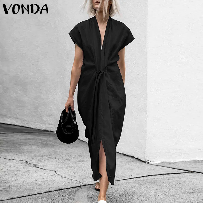 

VONDA Elegant Dress 2019 Summer Women Sexy V Neck Short Sleeve Tunic Belt Split Hem Long Dresses Casual Loose Party Vestidos 5XL
