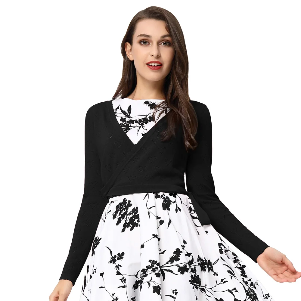 

BP Women heart pattern knitting sweater coat Retro Vintage Long Sleeve V-Neck Cropped Length Wrap belt Cardigan Knitwear tops