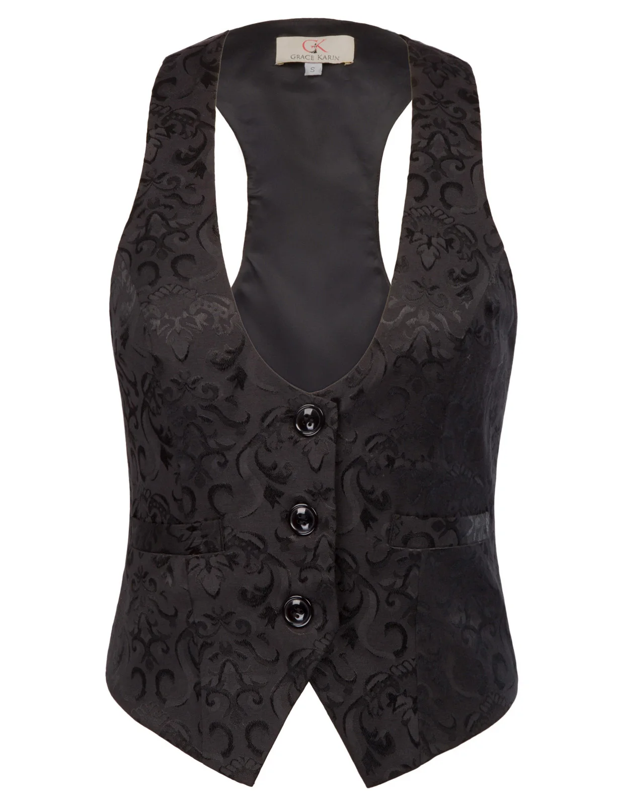 

GK vintage tops Women cropped coat solid color slim button decor Adjustable Strap Jacquard Vest Coat Waistcoat female