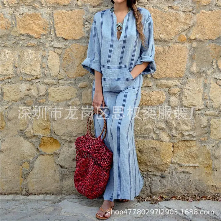

Fashion Office Lady Woman Dress 2019 Spring Summer V Neck Middle Sleeve Boho Maxi Dresses Striped Vestido
