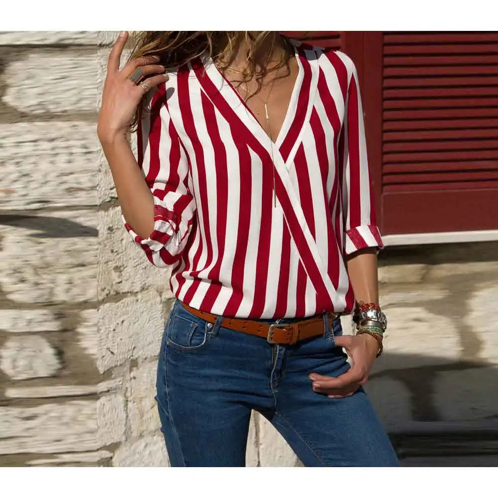 

2019 Women Blouses Fashion Long Sleeve Blouse Striped Shirt Chiffon Blouse V-neck Shirts Casual Tops Plus Size Blusas