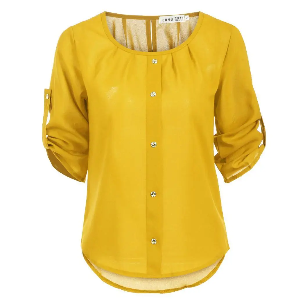 Fashion Women Lady Loose 3/4 Sleeve Casual Blouse Shirt Tops Spring Autumn Pullover Button Solid Regular Round Collar |