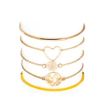 5 шт. Романтические элегантные модные комплекты браслетов полые сердца розы карты тканые веревки золотая цепочка на руку Женские Подвески ювелирные изделия
