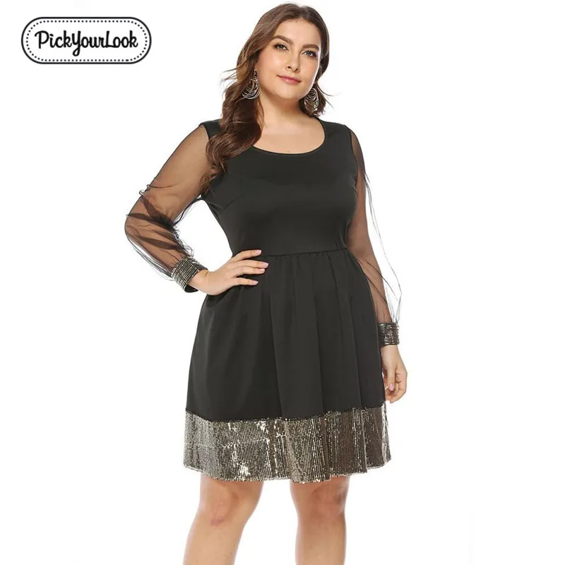 

Pickyourlook Women Mini Dress Plus Size Mesh Long Sleeve Casual Sparkle A-Line Lady Dress Autumn Summer Black Female Robe Femme