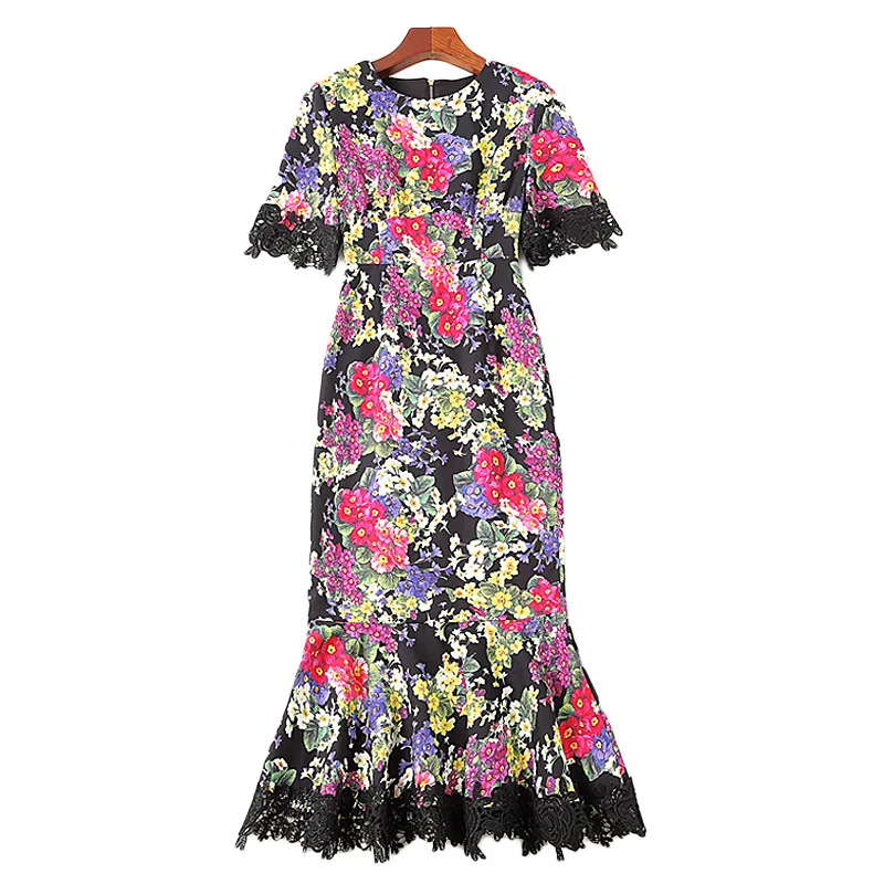 Diseñador Vintage Bodycon Vestido Largo Mujer Negro 2019 Pista Vestidos Ropa De Floral Las Verano Impresión Mujeres 8PHqwIP