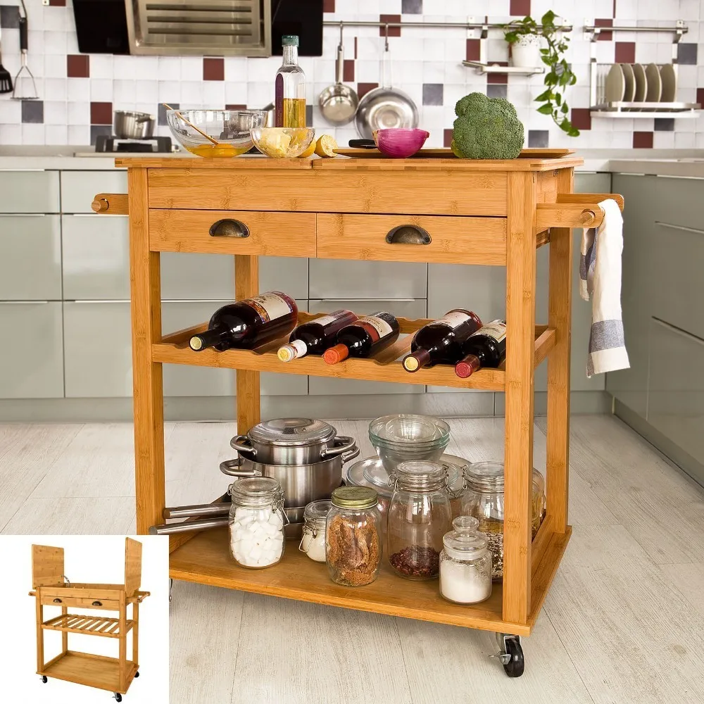 

SoBuy FKW08-N Bamboo Wheeled Kitchen Trolley Cart, Kitchen Storage Trolley Rack