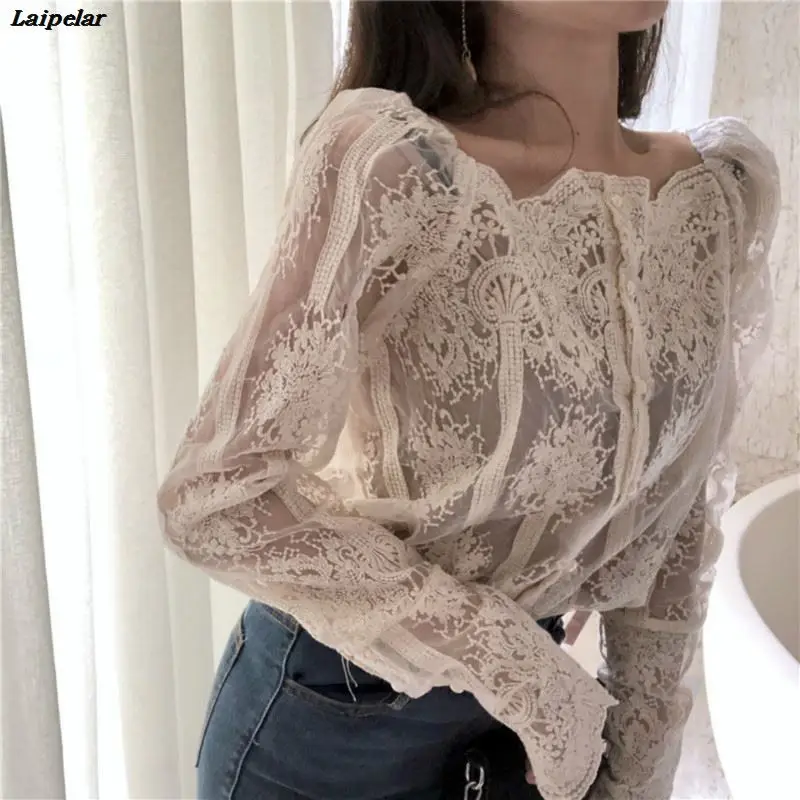 Slash-Neck collar Hook Mesh Pearls Shirts Strapless Lace bottoming shirt long-sleeve Gauze Stitching Blouse Single-breasted Tops