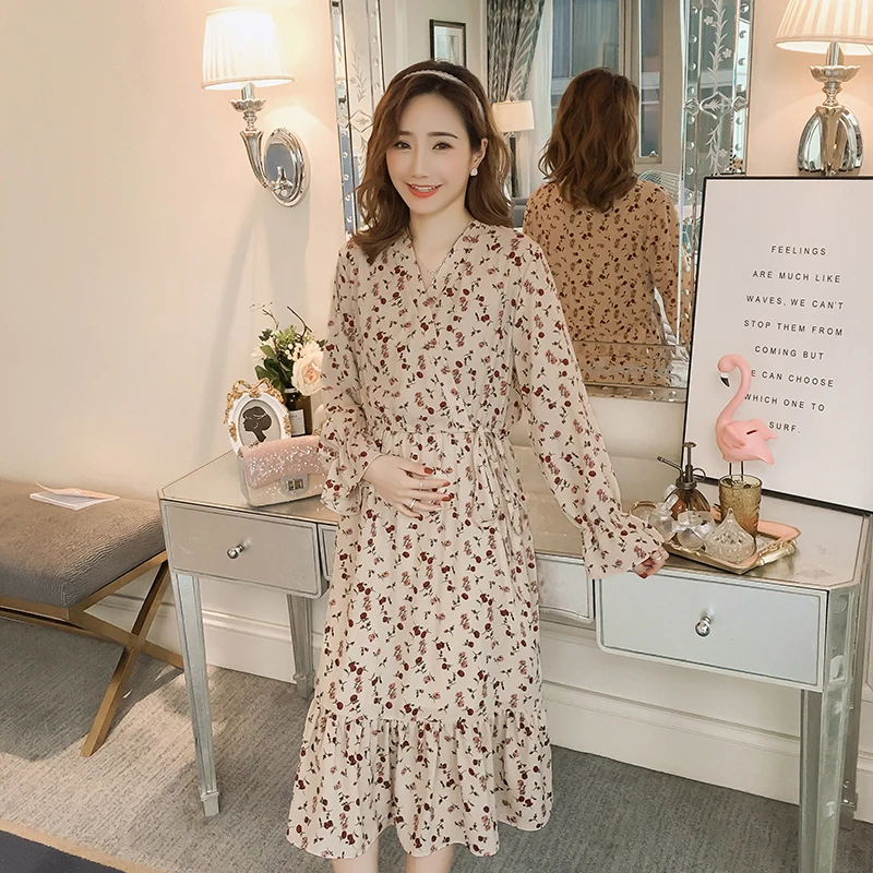 

Pengpious 2019 spring long flare sleeve maternity fashion printed nursing dress postpartum women breastfeeding dress lactation