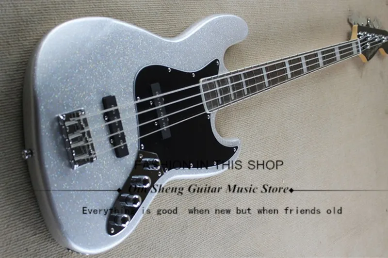 

4 strings silver particles electric bass guitar,jazz bass,ative pickups,rosewood fingerboard,,free shipping,free delivery