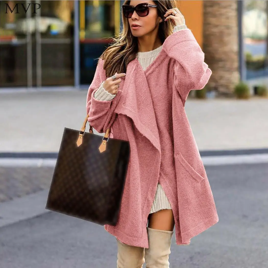 

Woman Winter Loose Women Turn-Down Jacket 2018 Solid Sleeve Female Casual Cardigan Coat Collar Long Coat