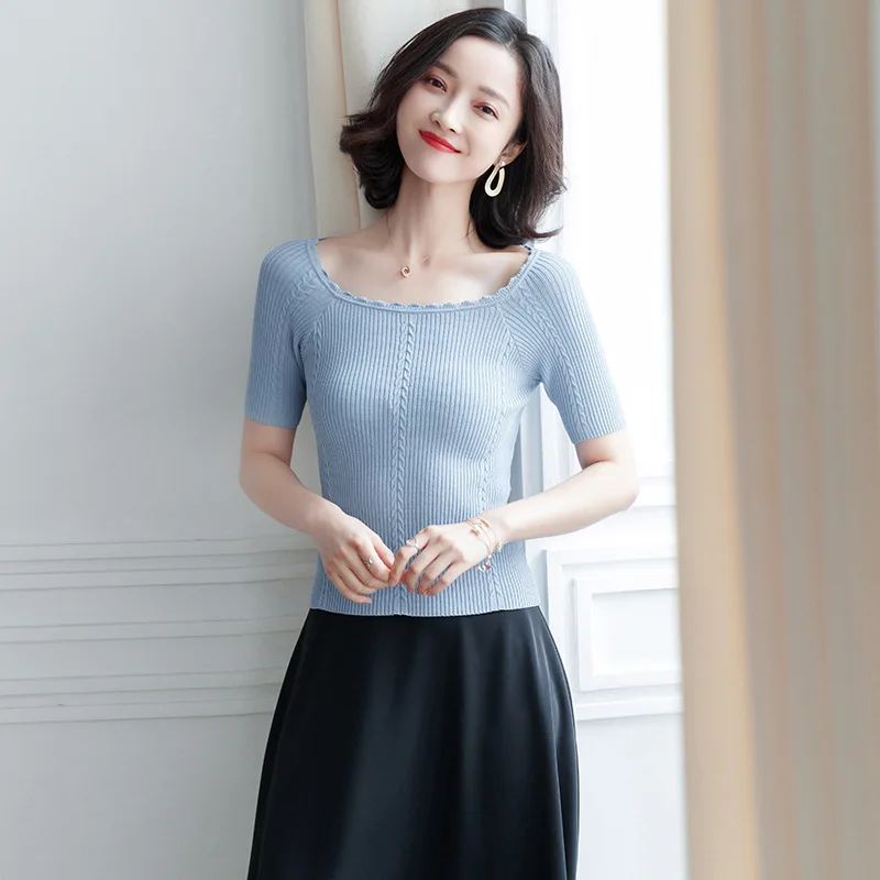 

knittingT-shirt feminino 2019spring and summer new arrival slim all-match solid student sweater half-sleeved knitted shirt F9939