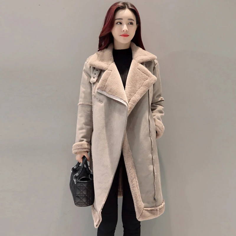 

Women Long Suede Lambwool Thick Warm Coat 2018 Winter Faux Fur Warm Outwear Cashmere Fleece Long trench Coat Women Khaki Brown