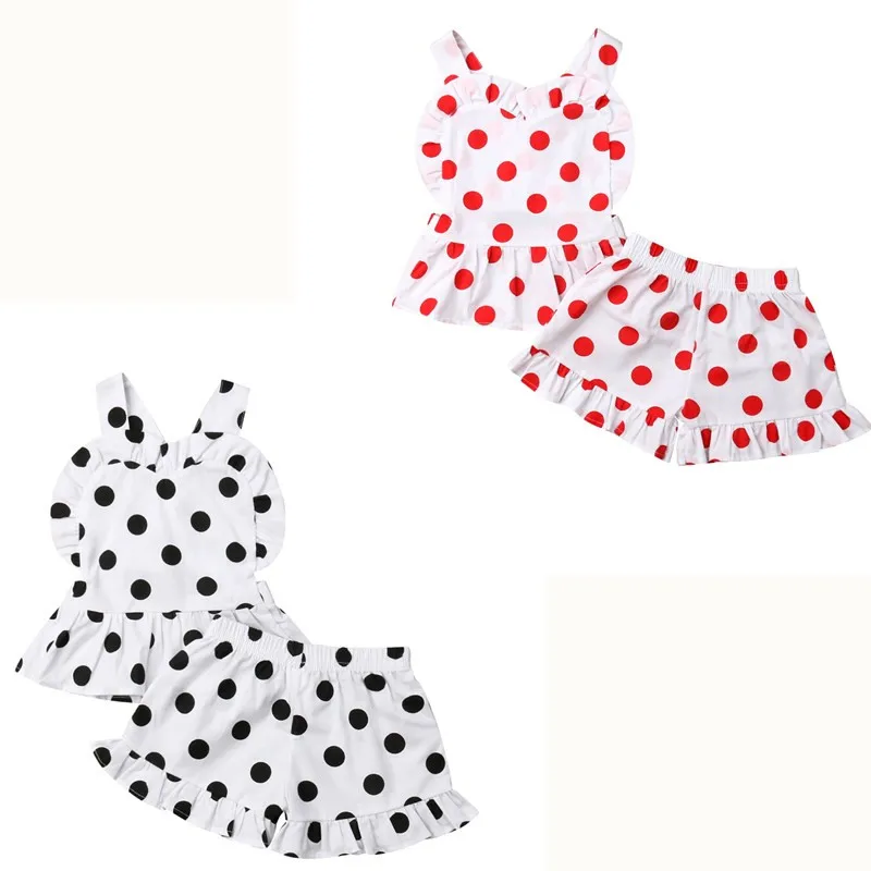 

Polka Dot Printed Clothes For Girls 2019 Summer Newborn Baby Girls Backless Sling Ruffles Crop Tops+Shorts 2Pcs Outfits Suit