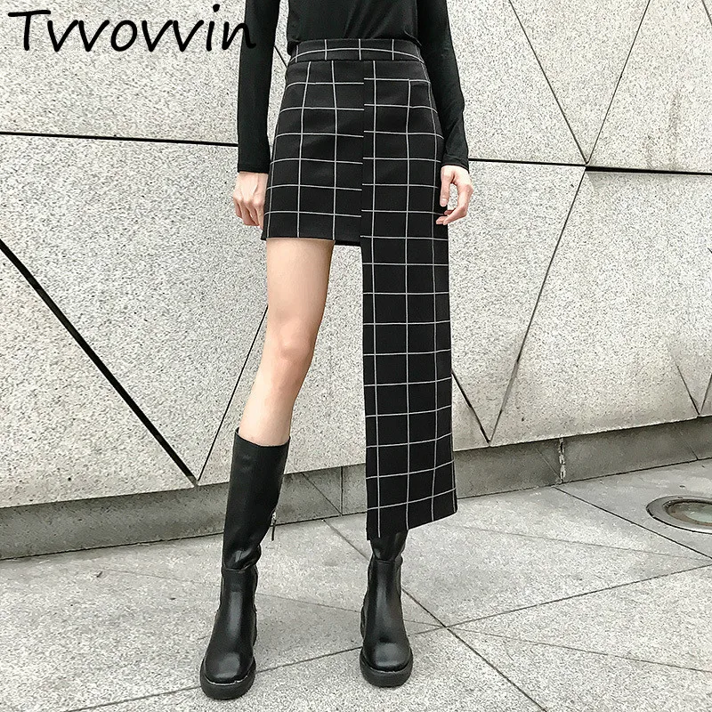 

TVVOVVIN 2019 New Spring Summer High Waist Black Plaid Printed Irregular Hem Stitch Half-body Skirt Women Tide L788