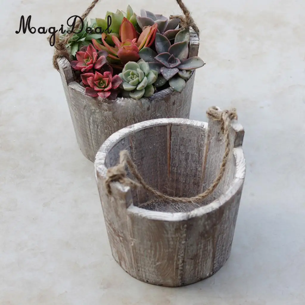 

Pastoral Wooden Garden Flower Bucket Watering Flower Succulents Planter Pot Vase Wall Hanging Decor