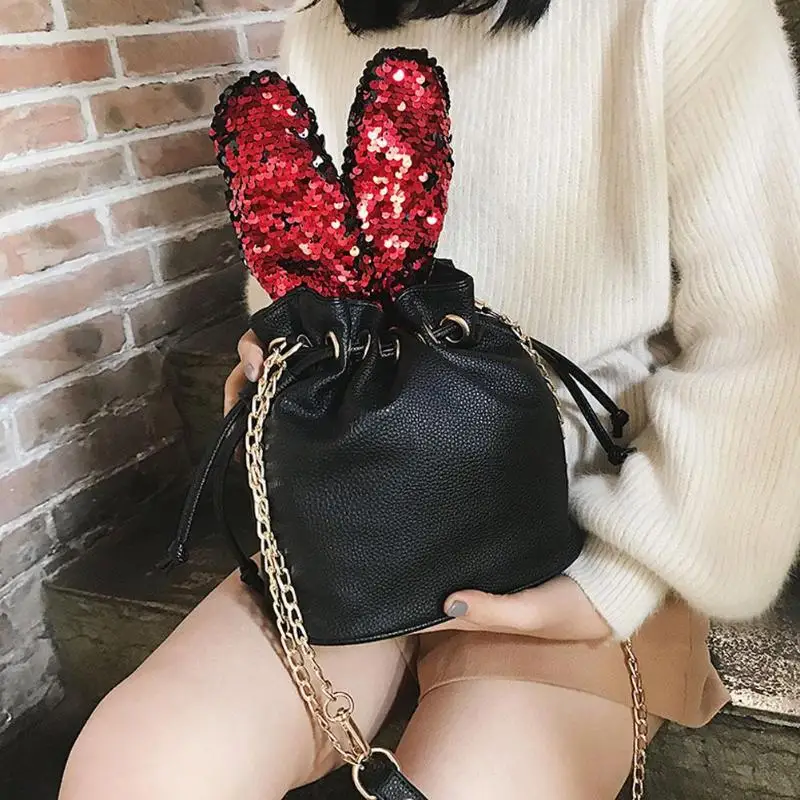 

Women Fashionable Sequins Rabbit Ears Bucket Handbag PU Drawstring Crossbody Bags Cute Girls Chain Messenger Shoulder Bags
