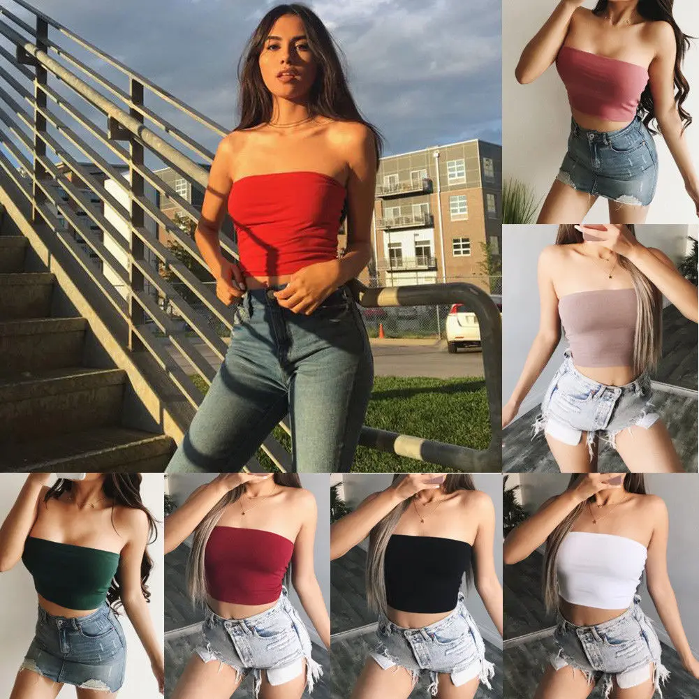 Новый сексуальный однотонный бандо Топ для женщин Boob трубка без бретелек