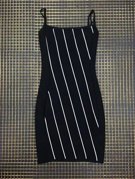 

Lady Black White Slip Stirped Mini Rayon Bandage Dress High Quality Elegant Night Club Party Dress