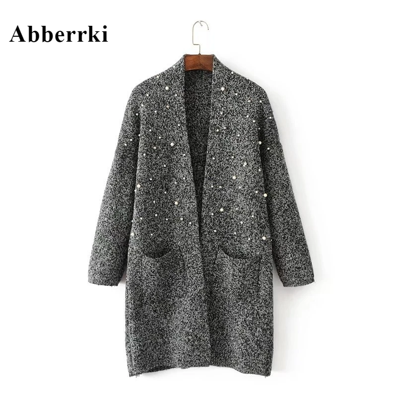 

Autumn Women Bead Knitted Long Cardigan Sweater with Pocket Large Size Jumper Winter Knitting Sweater Coat Pull Femme Poncho