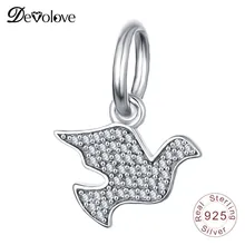 Devolove голубь мира висящий стерлингового серебра 925 сверкающий Шарм Бусины Fit Pandora Браслеты подвеска с черным коженным ремешком дропшиппинг