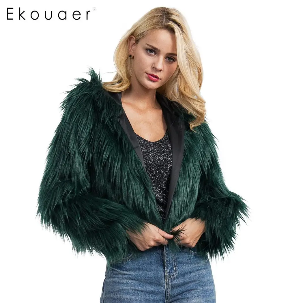 Ekouaer искусственного меха пальто Для женщин зимние с капюшоном Мода искусственный