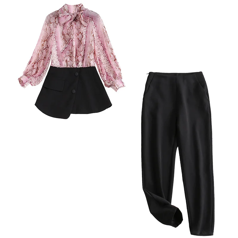 Fashion Designer Runway Suit Sets 2019 summer Women's Lantern Sleeve Leopard Patchwork Printed Blouse + Pants 2 Piece Set Women