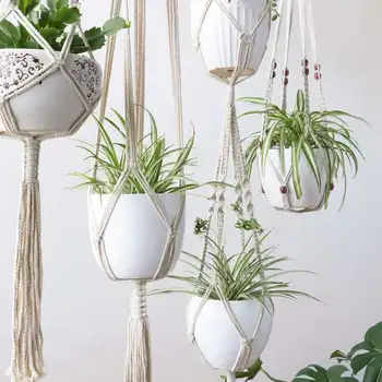 

THGS Macrame Plant Hangers - 4 Pack, In Different Designs - Handmade Indoor Wall Hanging Planter Plant Holder - Modern Boho Ho