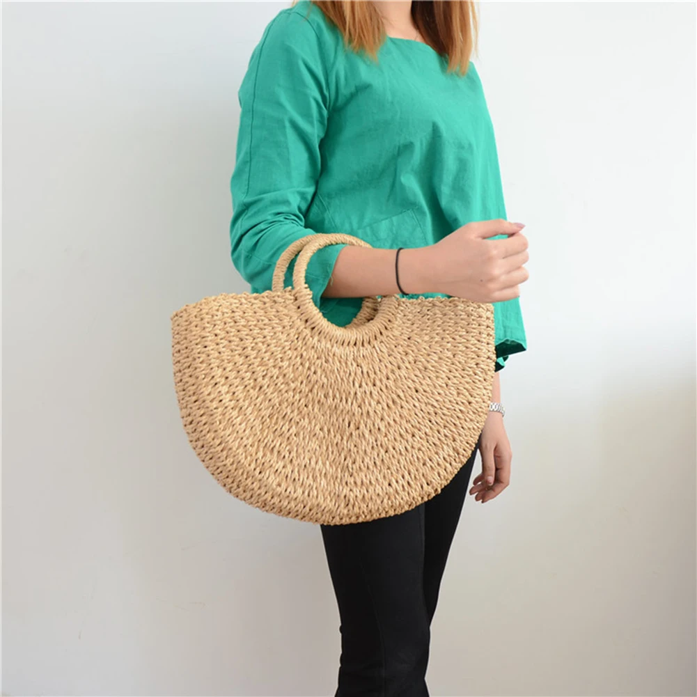 

Fashion Women Casual Beach Moon Shaped Straw Weaving Handmade Tote Bag Handbag