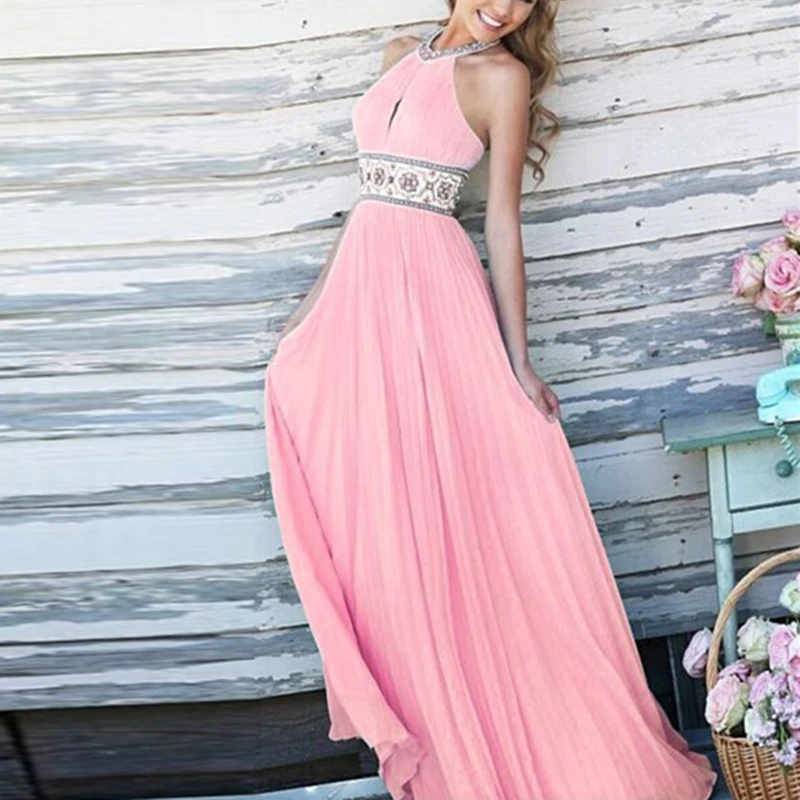 

Bohemian Style Maxi Long Dress Summer Women Chiffon Halter Neck Sleeveless Gown