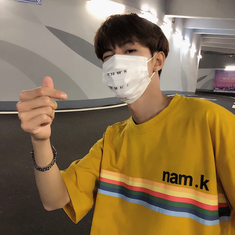 

Men's T-shirt 2019 summer new geometric pattern rainbow short-sleeved printing loose round neck youth casual men's clothing